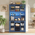 Merax 70.9" Tall Kitchen Pantry Storage Cabinet with Charging Station and LED Lights, Rustic Kitchen Hutch Food Pantries with Wine Rack, Drawer & Adjustable Shelves for Dining Room, Navy Blue