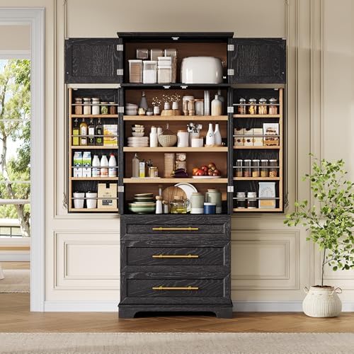 Ball & Cast 78" Tall Farmhouse Kitchen Pantry Cabinet,Freestanding Storage Cabinet with 8 Door Shelves, 3 Adjustable Shelves & 3 Large Drawers, Kitchen Pantry Cupboard for Dining Room, Bathroom, Black