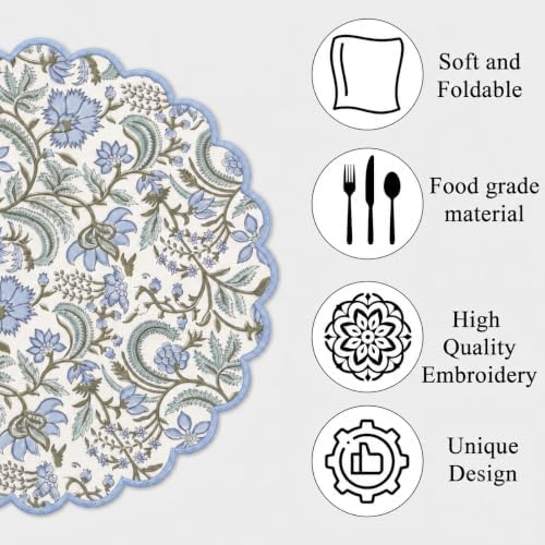 Ridhi Floral Block Print Round Placemats 15 Inch, Set of 4, Columbia Blue