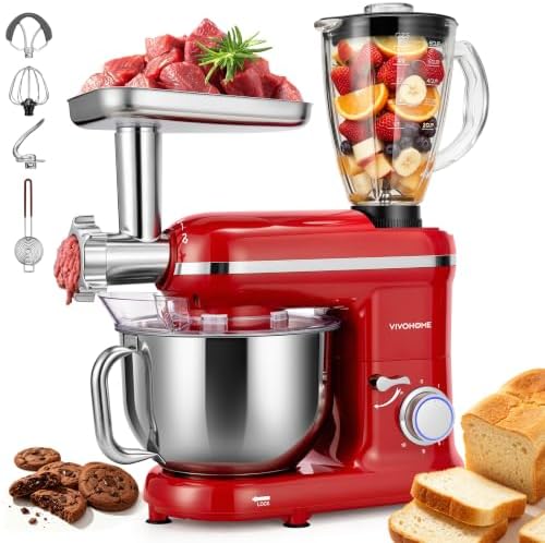 VIVOHOME 3-in-1 Stand Mixer, 6-Quart Tilt-Head Mixer, 10 Speeds, Red