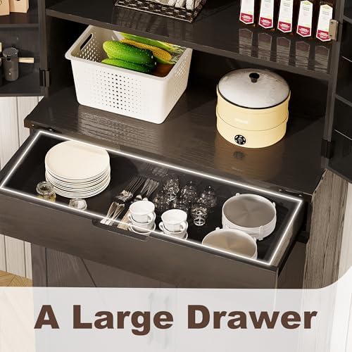 GRUSIGN 72" Tall Storage Cabinet, Kitchen Pantry Cabinet with Adjustable Shelves & Sturdy Steel Frame, Farmhouse Pantry Storage with 4 Barn Doors for Kitchen, Dining Room, and Living Room, Black