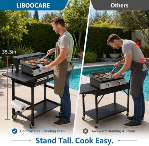Grill Cart for Blackstone 17 and 22 Inch Griddle – 31.5" Tall Outdoor Griddle Table with Wheels, BBQ Prep Station with Side Shelf, Bar Top Shelf and Lower Storage, Foldable, Pizza Oven Compatible