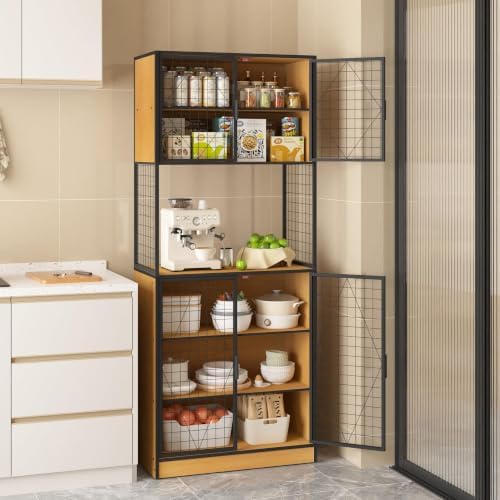 VECELO 72in Tall Kitchen Pantry Cabinet with Doors and Shelves, Large Freestanding Storage Cupboard with Countertop Hutch, Oak
