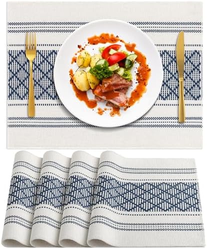 ADRIMER Placemats Set of 4, Boho Table Mats Cotton Blend, Durable Cloth Table Placemats Machine Washable, Rustic Place Mats for Dining Kitchen Table, 14 x 18 Inch, Blue