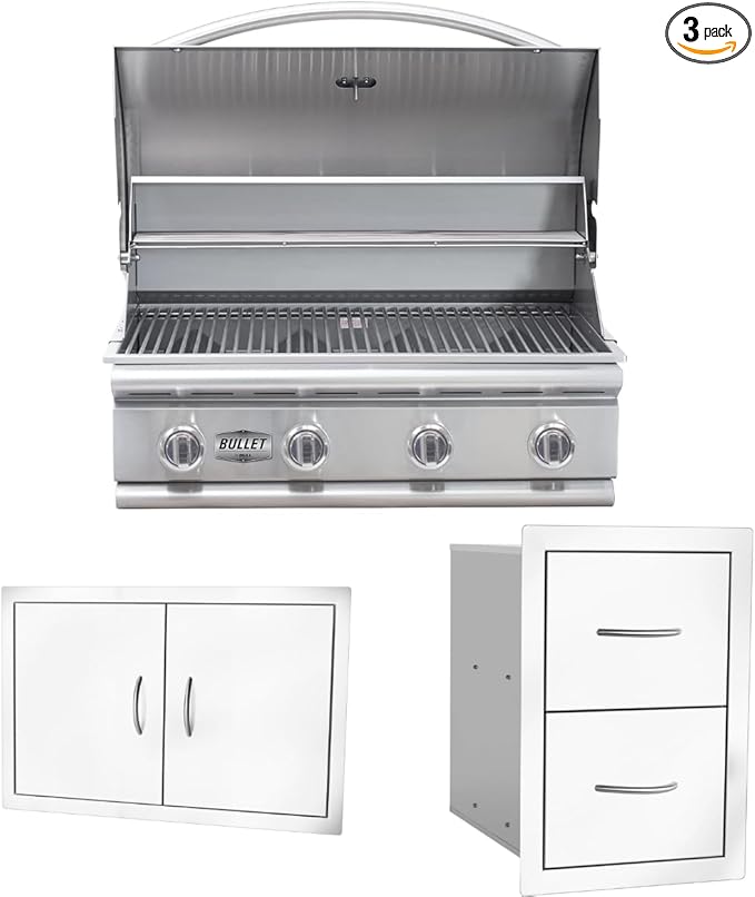 Bullet by Bull Stainless Steel Outdoor Kitchen Grill Set - Built-In Liquid Propane Grill -BBQ Kitchen Island Bundle - Includes 4 Burner Grill, Double Access Door & Double Storage Drawer