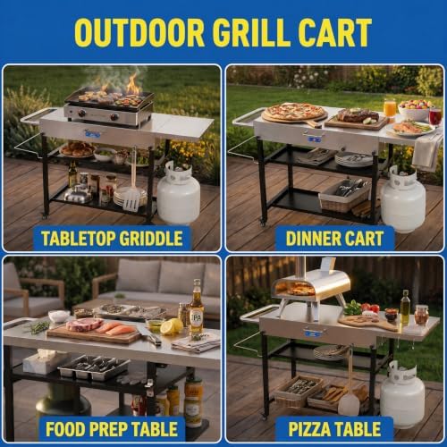 ARC Advanced Royal Champion 43" W x 17" D Grill Cart Table,Foldable Blackstone Griddle Stand,440lbs Stainless Steel Grill Table Pizza Oven Stand with Wheels for Ninja Woodfire Grill