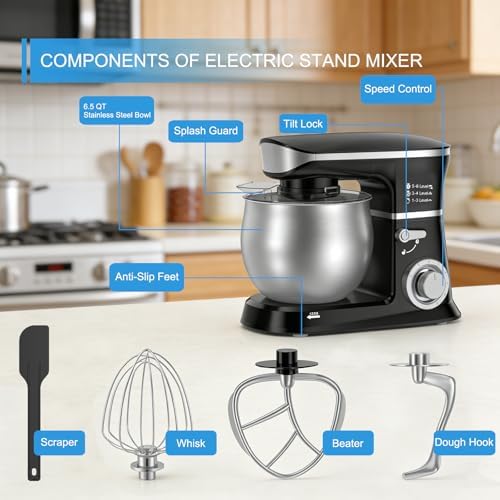 Electric Stand Mixer, Kitchen Mixer 6.5-Quart Tilt-Head, 6 Speeds with Dough Hook, Whisk, Beater, and Splash Guard, Stainless Steel Bowl for Baking