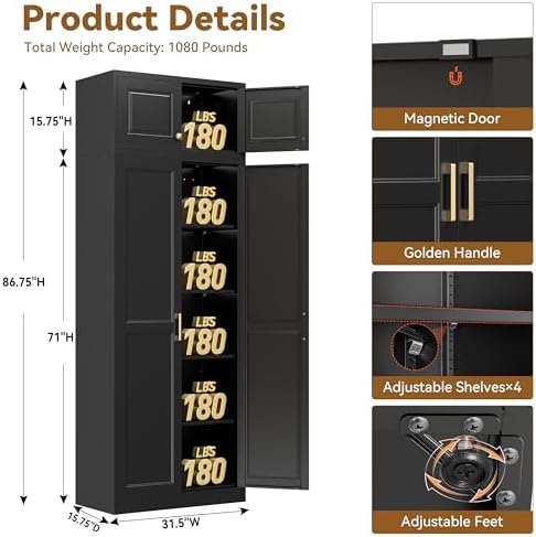 Polup 86" Tall Metal Kitchen Pantry Storage Cabinet with Doors and Shelves