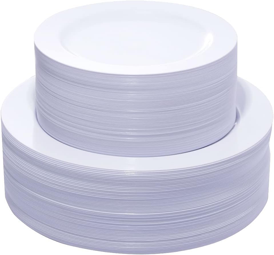 KIRE 120PCS White Plastic Plates - Heavy Duty White Disposable Plates for Party/Wedding - Include 60Pieces 10.25inch Dinner Plates - 60Pieces 7.5inch Dessert/Salad Plates