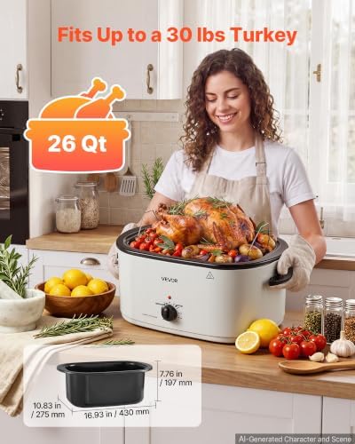 VEVOR Electric Roaster Oven, 26 Qt, Turkey Roasting Pan, White, Viewing Lid
