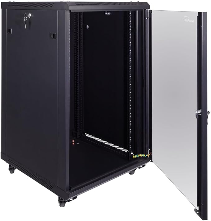 NavePoint 18U Server Cabinet Wall Mount Rack Enclosure with Caster Wheels, 2 Fans, Locking Glass Door, Removable Side Panels – 18U Network Cabinet 23.6” Deep, 19” Server Rack for IT Equipment