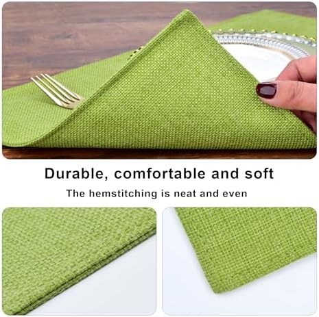SLKQG Green Faux Linen Placemats Set of 8, Heat Resistant Washable Double Layer Cloth Place Mats for Dining Table, Wrinkle Resistant Linen Textured Farmhouse Kitchen Decor (8, Green)