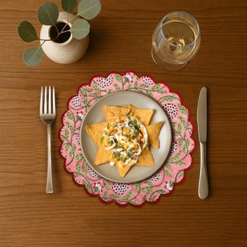 Ridhi Floral Block Print Round Placemats 15 Inch, Set of 4, Strawberry Pink
