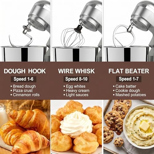 6in1 Stand Mixer with 6.5 Quart Bowl, 660W 10+p Speeds Kitchen Food Mixer Tilt-Head Bread Dough and Cake Mixers for Home Daily (Sliver)