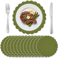Set of 12 Olive Green Cotton Placemats 15" Round Scalloped White