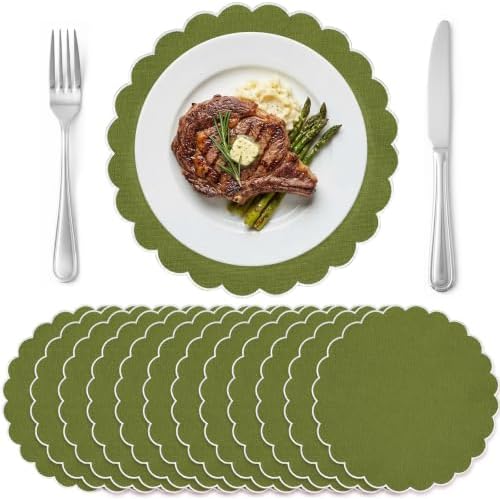 Set of 12 Olive Green Cotton Placemats 15" Round Scalloped White