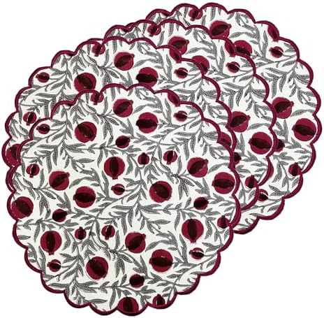 Ridhi Floral Block Print Round Placemats 15 Inch, Set of 4, Sangria Red