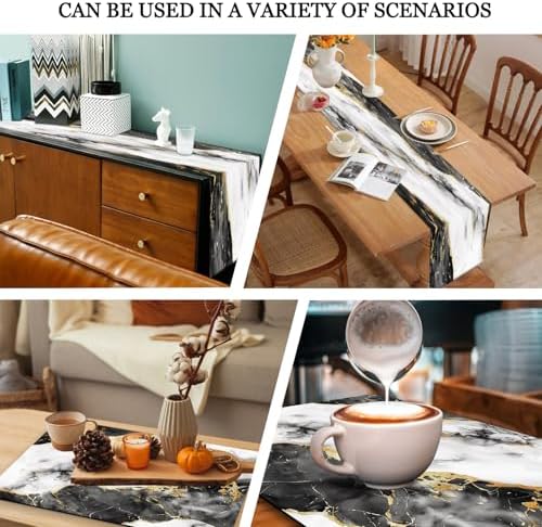 Mcalk Black Marble Table Runner and Placemats Set of 6, Marble Print Placemats, Modern Cloth Place Mats Indoor for Kitchen,Washable Linen Material for Dining Table