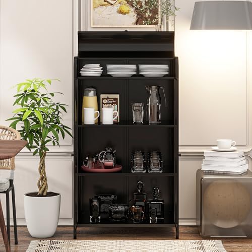 KEIKI 47.6" Tall Kitchen Pantry, Modern 4-Tier Sideboard Buffet Cabinet with Figured Glass Doors & Flip Top & Open Shelves, Industrial Metal Organizer for Living Room & Kitchen