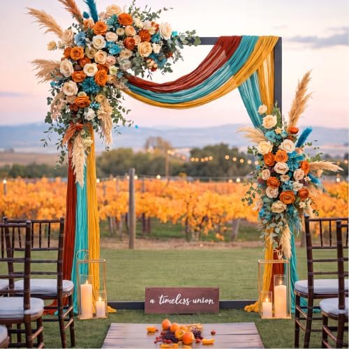 6 Pcs Fall Terracotta and Teal Cheesecloth Table Runner 118"