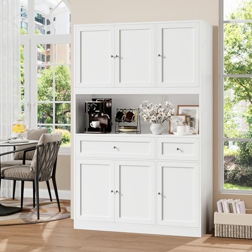 BOTLOG 72" Kitchen Pantry Cabinet, Kitchen Hutch with Microwave Stand, Buffet Cabinet with Hutch for Dining Room, White