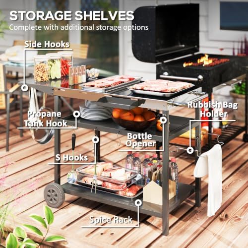 Outsunny Outdoor Grill Cart with Stainless Steel Tabletop, Wheels, Storage