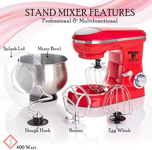 Moss & Stone Stand Mixer, 6 Speed Electric Mixer With 5.5 Quart Stainless Steel Mixing Bowl, Red Body Kitchen Mixer With Dough Hook, Whisk, Beater & Baking Spatula, Classic Food Mixer