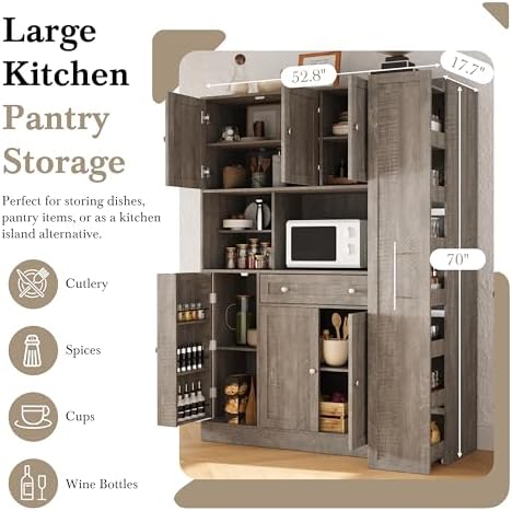 Ball & Cast 70" Farmhouse Kitchen Pantry Cabinet with Hutch, Large Buffet Cabinet with 7-Tier Pull-Out Side Storage, 6 Doors, Drawer, Adjustable Shelves, Freestanding Coffee Bar & Cupboard, Brown