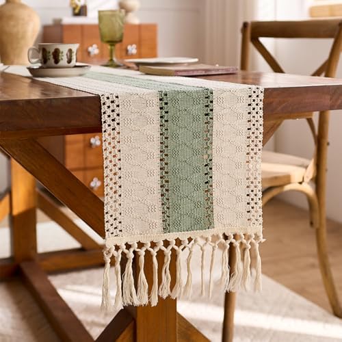 Niviy Sage Green Table Runner 108 Inches Long with Tassels, Seasonal Spring Summer Washable Embroidered Striped Braided Green and Beige Boho Table Runners for Holiday Party 12 x 108 Inches