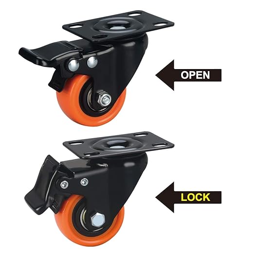 2" Caster Wheels, Casters Set of 8 Heavy Duty - ASRINIEY Orange PU Castors, Top Plate Swivel Wheels, 8-Pack Industrial Casters with Brake, Locking Casters for Furniture and Workbench