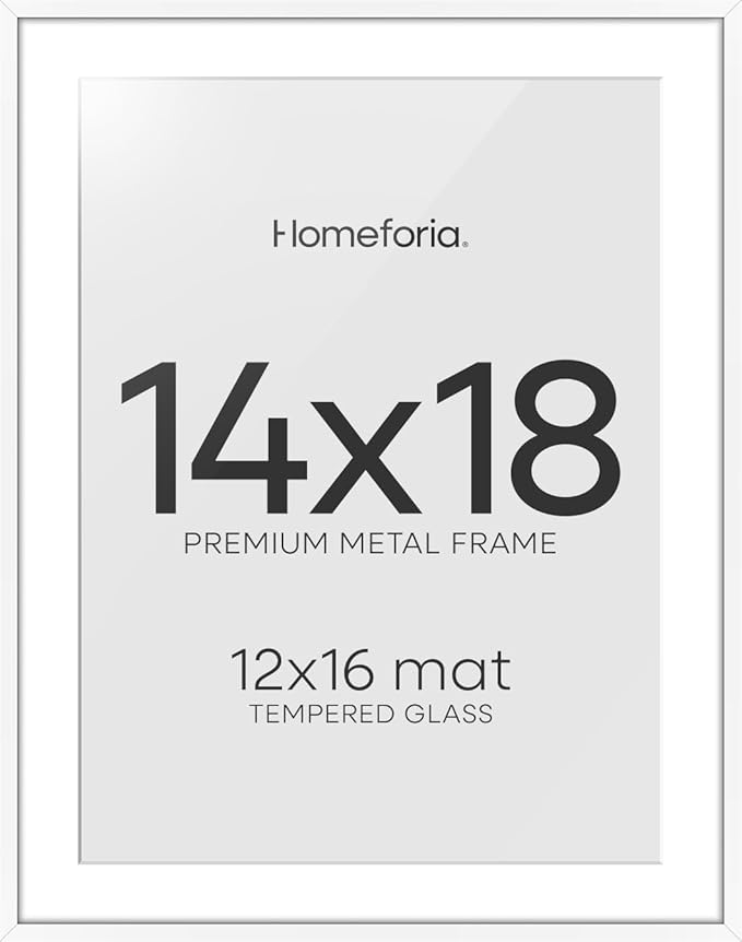 Homeforia 14x18 Picture Frame White, High End Metal 14x18 Poster Frames with Mat 12x16 Photo, 14 x 18 White Frame Matted to 12 by 16 Print, 18by14 Thin Hanging Frames, Tempered Glass, Wall Kit, Set of 1