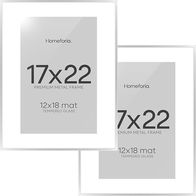 Homeforia 17x22 Picture Frame Silver, High End Metal 17x22 Frames with Mat 12x18 for Photo, 17 x 22 Silver Poster Frame Matted to 12 x 18 Print, 22x17 Hanging Frame, Tempered Glass, Wall Kit, Set of 2
