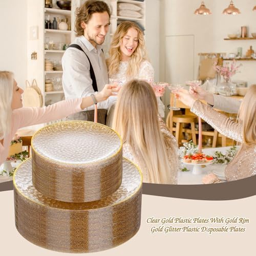 Rubtlamp 100Pcs Clear Gold Plastic Plates, Gold Glitter Disposable Plates, Hammered Plastic Plates Included 50 Dinner Plate And 50 Dessert Plate for Weddings Party Birthday