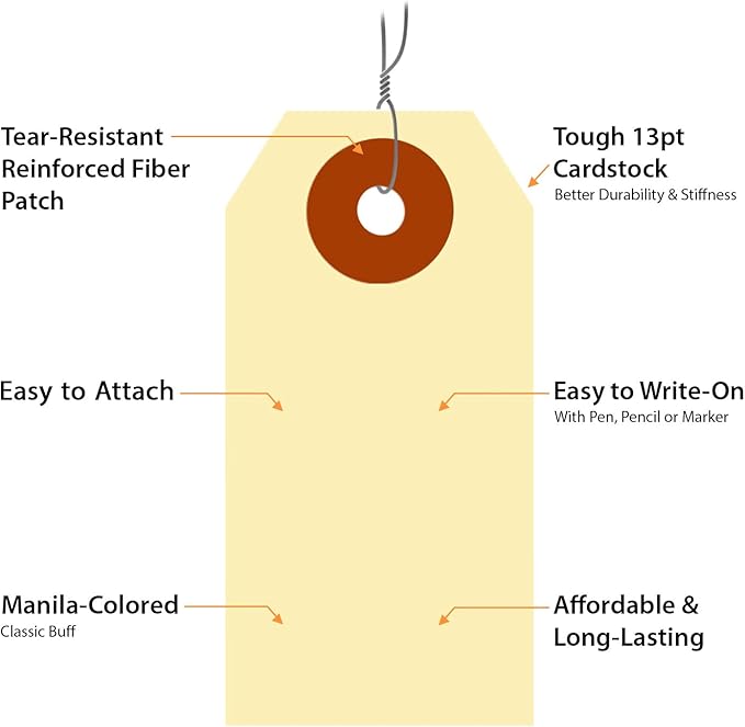 SmartSign Blank Manila Shipping Tags with Wire, Size-1, Pack of 100, 13pt Thick Prewired Cardstock Tag, 2.75 x 1.375 inch Paper Hang Tags with Reinforced Fiber Patch
