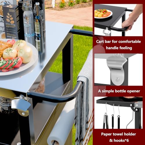 Vongrasig Outdoor Grill Cart, Patio Kitchen Island with Storage, Outdoor Bar Table BBQ Cart Pizza Oven Table with Foldable Stainless Steel Top & Wheels, Black