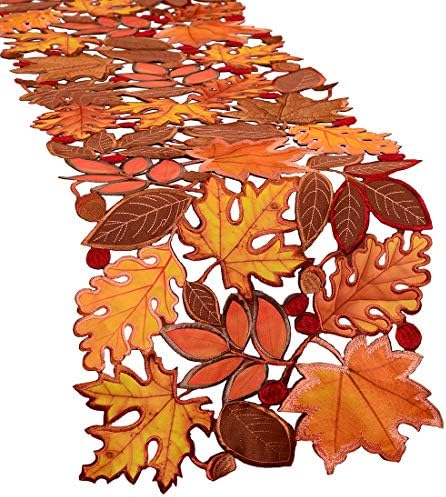 Simhomsen Embroidered Fall Leaves Table Runner for Thanksgiving, Autumn Harvest Decorations (14 × 88 inches)