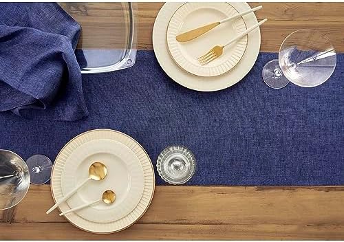 Solino Home 100% Pure Linen Dining Table Runner Navy, Athena 14 x 108 in