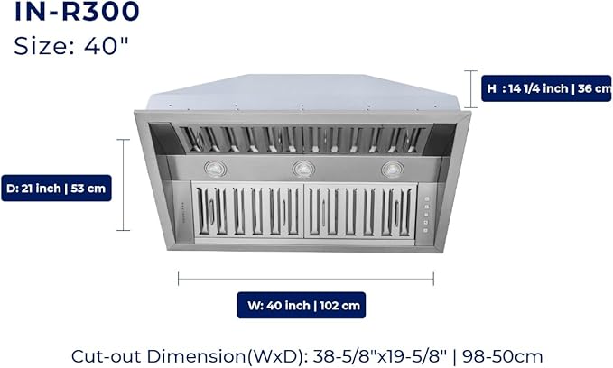Hauslane Range Hood Insert 40 Inch Pro-Style - Stainless Steel Built-In Vent with 800 CFM Suction, Quiet Operation, LED Lights, 3-Speed Fan, 21" Deep, Ducted/Ductless Convertible for Insert Mount