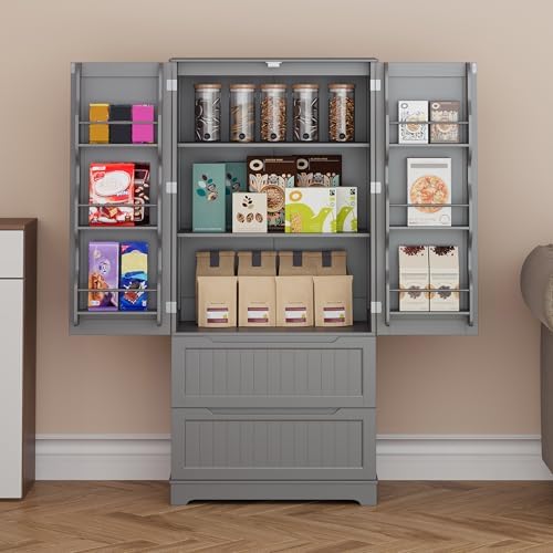 Gizoon 63" Kitchen Pantry Cabinet with Drawers for Dining Room, Gray