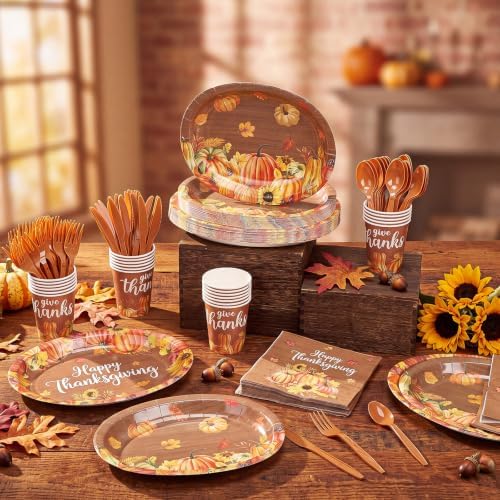 Pajean 350 Pcs Thanksgiving Oval Paper Plates Set with 12 inch Disposable Wood Grain Maple Leaf Oval Plates Fall Harvest Dinnerware Set Heavy Duty for 50 Guests Thanksgiving Fall Party Supplies