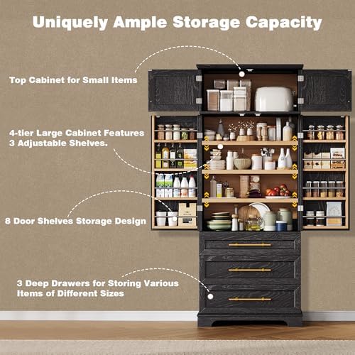 Ball & Cast 78" Tall Farmhouse Kitchen Pantry Cabinet,Freestanding Storage Cabinet with 8 Door Shelves, 3 Adjustable Shelves & 3 Large Drawers, Kitchen Pantry Cupboard for Dining Room, Bathroom, Black