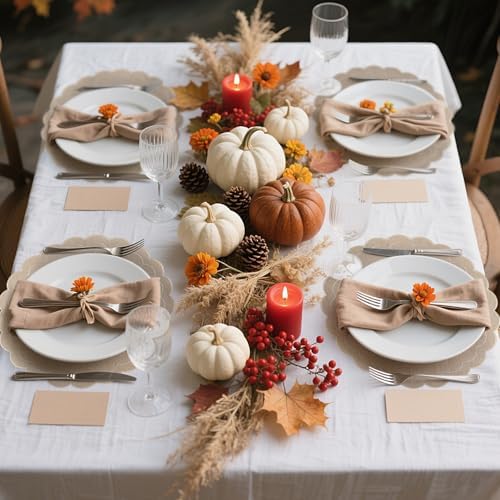 Set of 6 Cotton Linen Placemats, 15 Inch Linen Color Scalloped Flower Embroidery Cloth Table Mats Double Layered Fabric Machine Washable Wrinkle Free Dining Placemat for Hotel Restaurant Kitchen