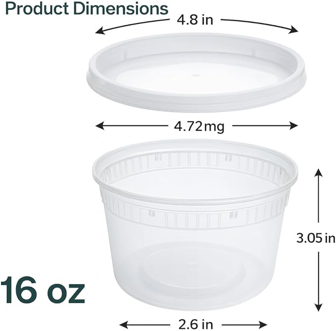 16oz [24 set] Heavy Duty Plastic Deli Container | BPA-Free Food Storage with Airtight Leak‑Proof Lids | Microwave, Freezer & Dishwasher Safe – Stackable, Bulk Reusable Soup & Meal Prep Tub