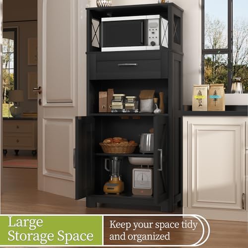 kepptory 55" Tall Farmhouse Pantry Cabinet, 23.6" W Narrow Kitchen Storage Cabinet with Drawer, Doors and Shelves for Kitchen and Dining Room, Black