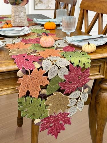 Fall Table Runner 120inches Long, Thanksgiving Harvest Cutwork Embroidered Table Runner 13in x 120in, Autumn Maple Leaves Table Decoration for Home Dining Kitchen Table