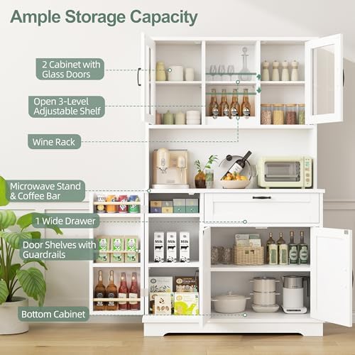 Shintenchi 68" Kitchen Pantry Storage Cabinet, with Microwave Stand, White