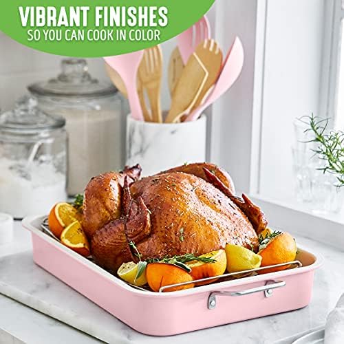 GreenLife 16.5” x 12” Healthy Ceramic Nonstick Roasting Pan with Stainless Steel Roaster Rack, PFAS-Free, PFOA-Free, Dishwasher Safe, Oven Safe, Easy Pouring Rims, Soft Pink