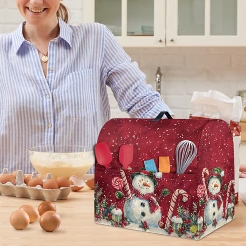 Kitchen Aid Mixer Cover Dust Cover with Pockets and Handle, Snowman Pattern, Polyester, Protects from Dust, Stains, and Splashes, Foldable, Washable, Universal Size