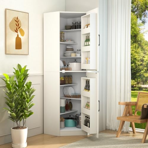 KEIKI Kitchen Pantry Cabinet, 70.87" Freestanding L-Shaped Storage Cabinet