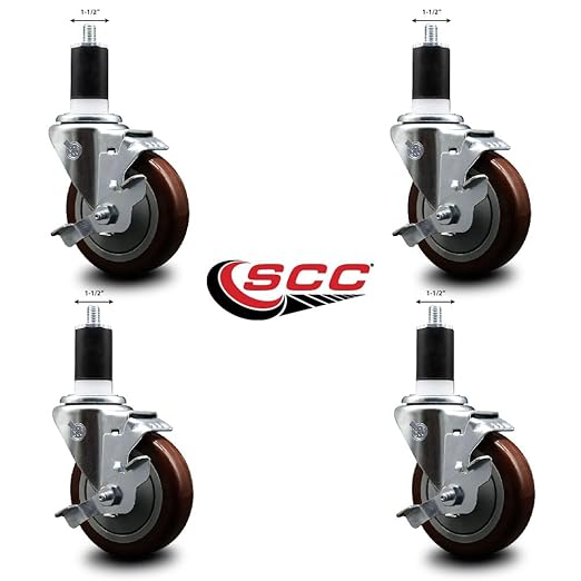 Service Caster Brand Replacement Set for Uline Casters - Swivel 1-1/2 Inch Expanding Stem Casters with 4 Inch Maroon Polyurethane Wheel-Includes 4 Swivel Casters and Brakes-Fits Uline Worktable H-5746